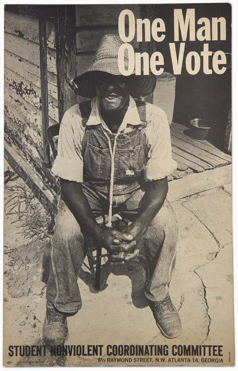 SNCC Poster "One Man, One Vote," Black man in a straw hat sitting on a porch. Poster from GA